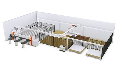Sistema de almacenamiento de placa cargado con sierra de haz de presión - la versión de nivel de entrada para las operaciones Almacenamiento en placa STORE-MASTER by HOLZHER con sierra de panel TECTRA