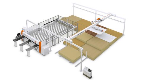 Sistema de almacenamiento de placa cargado con sierra de haz de presión - la versión de nivel de entrada para las operaciones Almacenamiento en placa STORE-MASTER by HOLZHER con sierra de panel TECTRA