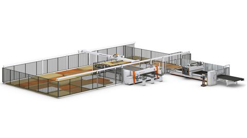 Sistema de almacenamiento de placa HOLZHER con sierra de panel horizontal y máquina CNC de anidación Solución de almacenamiento STORE-MASTER con sierra de haz de presión y anidamiento